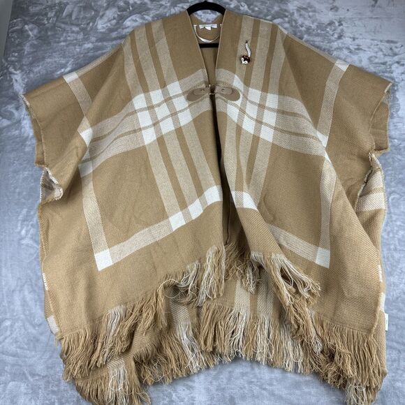Charter Club Poncho Shawl Women's One Size‎ Tan/Cream Plaid Throw Fox Pin (0806) - Picture 1 of 10